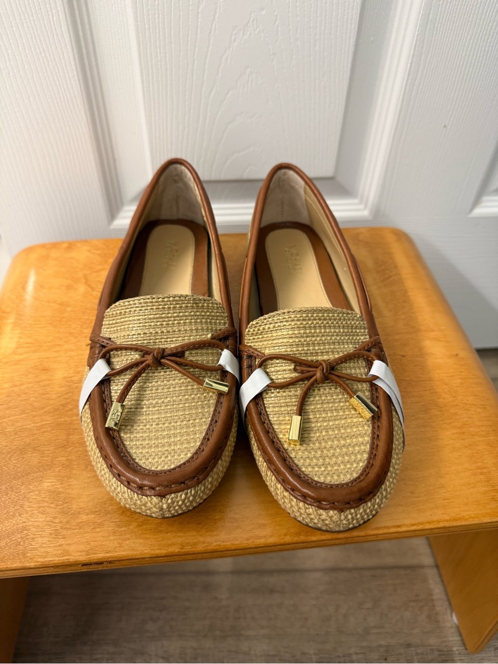 Michael Kors Tan Raffia and Brown Leather with Gold-Tip Bow